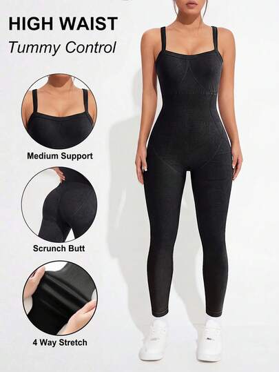With My Calm Women's Minimalist Solid Color Cross Back Lifting Shapewear Elastic Jumpsuit