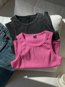 Comfortcana 2pcs/Set Brown Solid Color Sleeveless Washed Comfortable Ribbed Crew Neck Knit Tank Tops, Plus Size, Spring/Summer Gym - Hot Pink - View 4