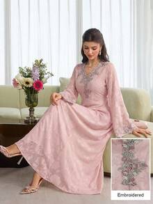 Al Najma Váy hoa xòe tay dài màu hồng thêu cổ chữ V thanh lịch dành cho nữ - Hồng - Xem 3