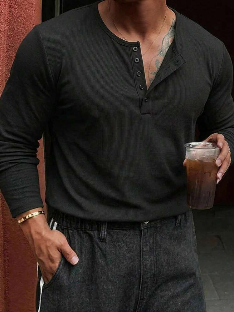 Men's Plus Size Ribbed Long Sleeve Half-Zip T-Shirt, Spring/Summer