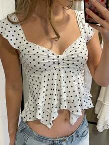 CovetEZ 女士波点心形领口荷叶边下摆短袖T恤 - 黑與白 - 查看 4
