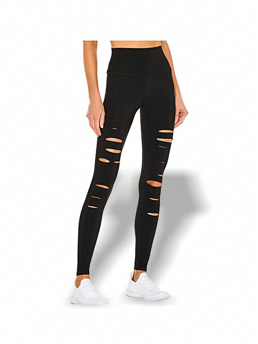 Alo Yoga Leggings HIGH WAIST RIPPED WARRIOR Sweat Absorption Breathable Lightweight Solid Good Elasticity Easy To Wash Gym Outdoor Women Black W5555R - BLACK - 黑色 - 查看 1