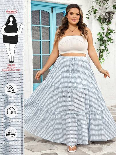 SHEIN CURVE+ Plus Size Women Waist Tie Striped Casual Ruffle Hem A-Line Skirt