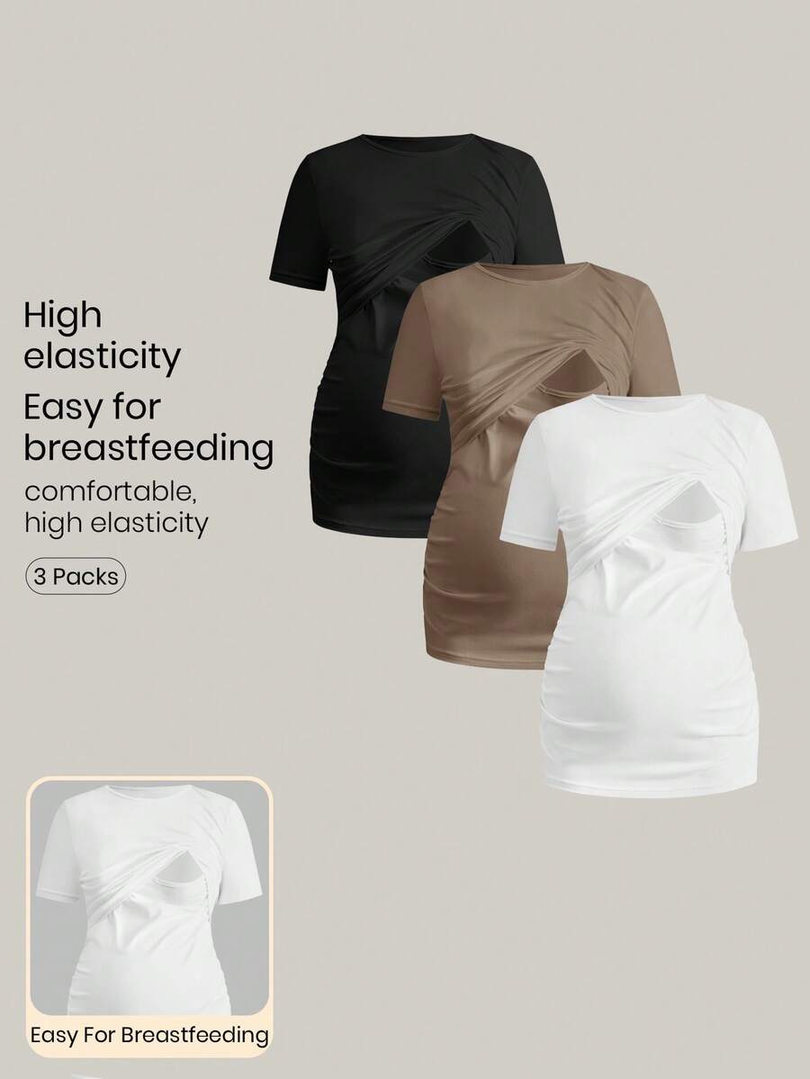 Modmama Set de 3 blusas de manga corta de unicolor con pliegues y función de lactancia para mujeres embarazadas, de uso casual diario - Camel - Ver 1