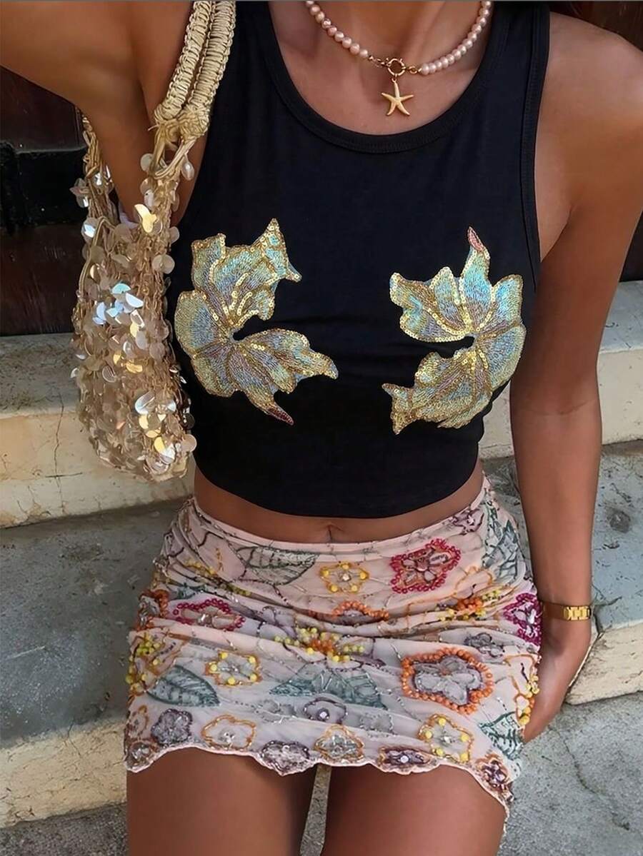 SHEIN LUNE Y2K Sequin Embroidered Floral Pattern Round Neck Tank Top For Women - Multicolor - View 1