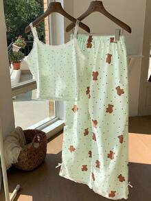 Comfortcana Bộ đồ ngủ 2 món dành cho nữ, gồm áo hai dây và quần dài in hình gấu, có áo ngực tích hợp. - màu xanh lá - Xem 2