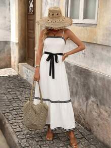 Brillora Damen Lässig Taillengürtel rückenfrei Trägerkleid, Sommer - Schwarz und Weiss - Übersicht 1
