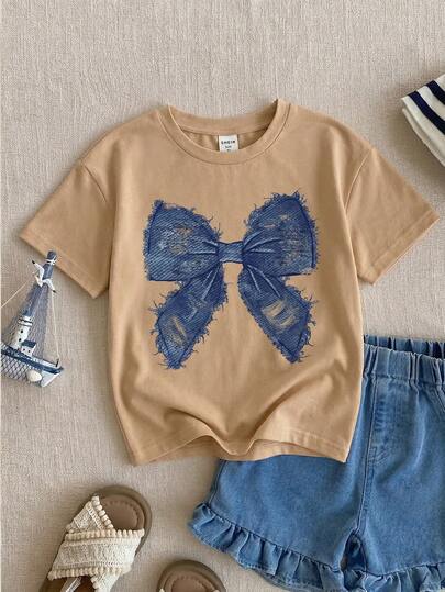 SHEIN Young Girl Casual Pattern Short Sleeve T-Shirt, Suitable For Summer