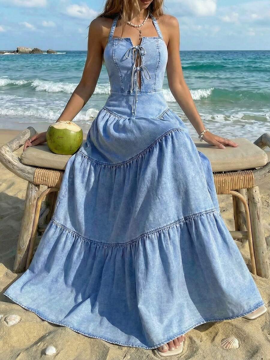 Sunnyshic Casual Backless Halter Neck Denim Dress For Women - Blue - View 1