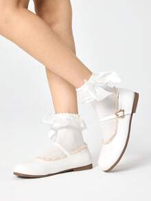 ROMWE Kawaii Giày Mary Jane mũi vuông màu đen, chi tiết khóa dây chéo, đế mềm, thiết kế nơ, phù hợp với váy, giày bệt công sở cho nữ. - Ánh sáng màu be - Xem 1