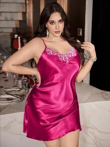 SilkySpell 大码女式仿丝蕾丝边开衩吊带裙 - 玫紅色 - 查看 6