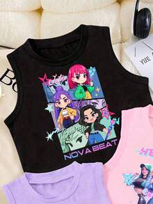 3件套少女休闲时尚创意个性清新简约虚拟少女团体彩色五角星图案字母标语印花上衣基础款上衣，黑色/紫色/粉色，舒适日常穿着温暖夏季款式，适合春夏穿着 - 彩色 - 查看 5