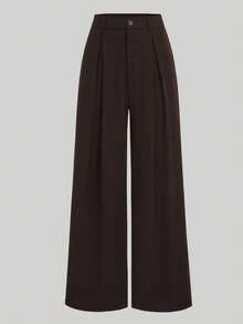 EMERY ROSE Plus Size Letter Print Wide Leg Casual Office Pants - Chocolate Brown - View 1