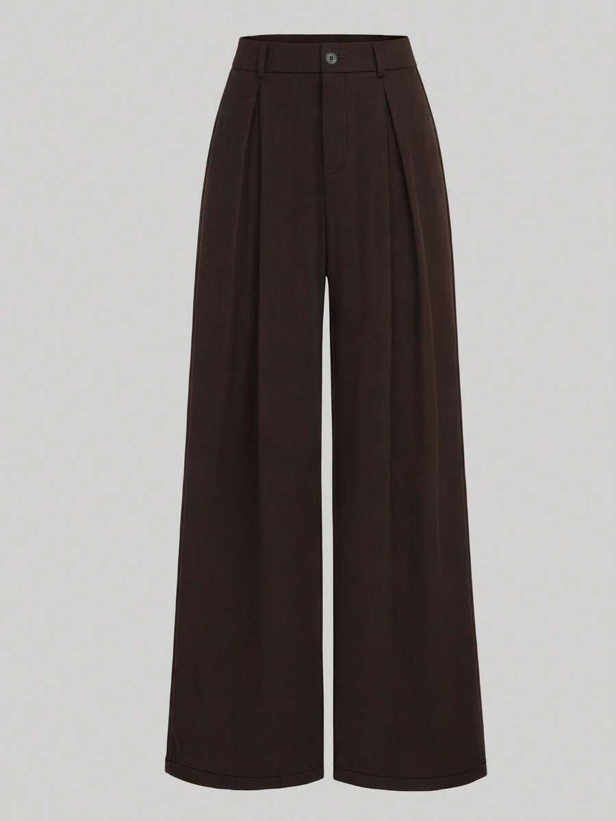 EMERY ROSE Plus Size Letter Print Wide Leg Casual Office Pants - Chocolate Brown - View 1