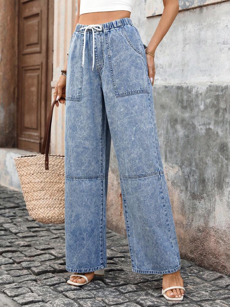 Breezaya Women's Drawstring Waist Pocket Casual Versatile Daily Wear Wide Leg Jeans - Blue - View 6