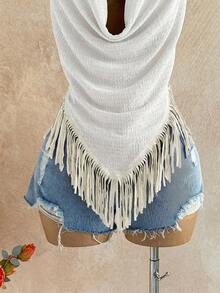 Soleia 女士度假休闲纹理针织露背无袖上衣，流苏下摆，沙滩度假装 - 白色 - 查看 5