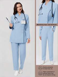 Scrubzie Anti-Wrinkle Stand Collar Long Sleeve Women's Scrub Uniform Top And Pants Set - Baby Blue - View 1