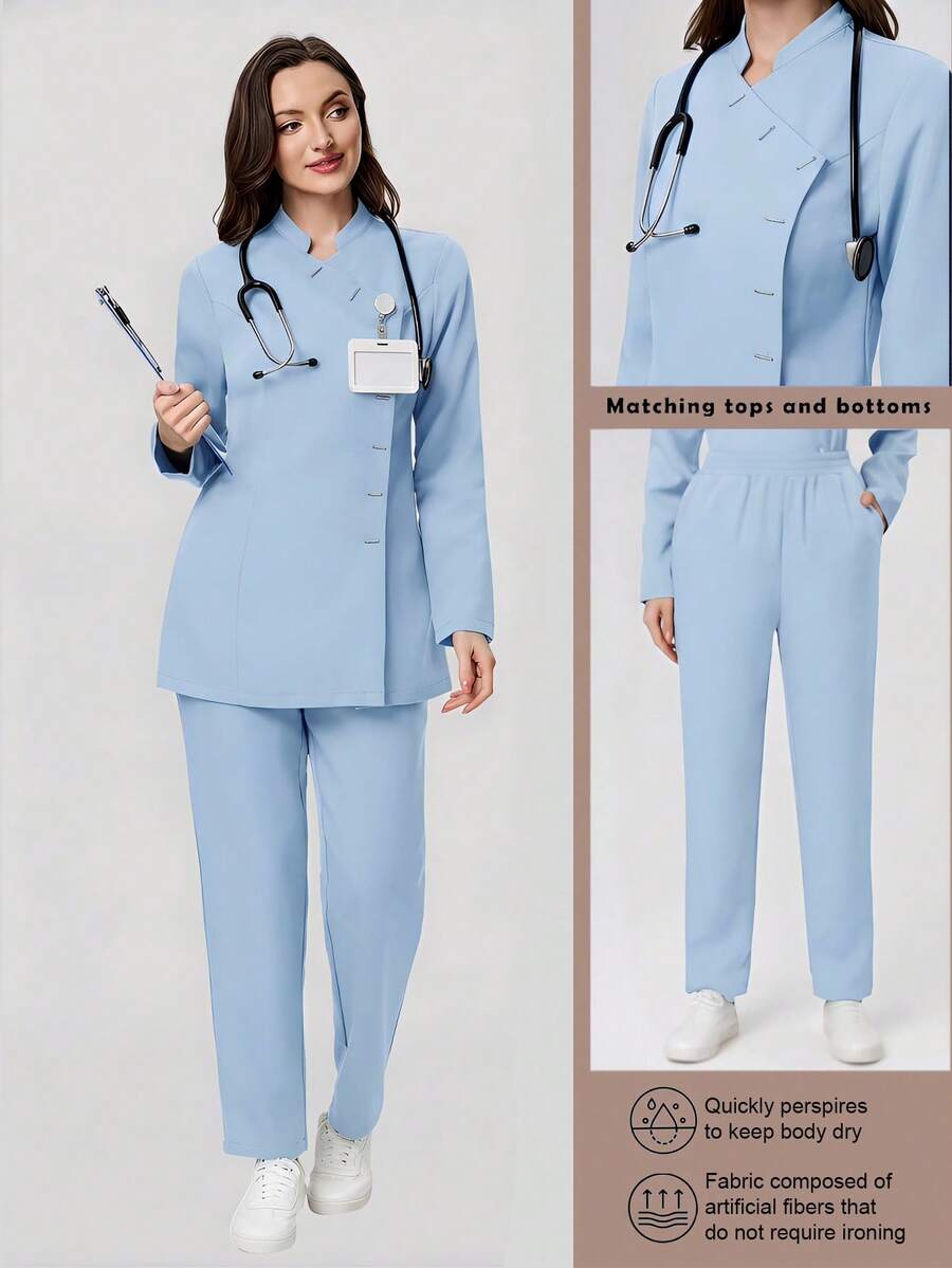 Scrubzie Anti-Wrinkle Stand Collar Long Sleeve Women's Scrub Uniform Top And Pants Set - Baby Blue - View 1