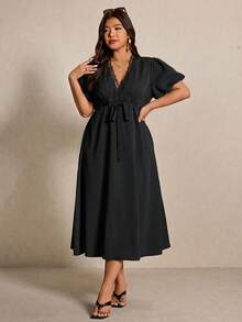 Elaquor Plus Size Women V-Neck Lace Ruffle Fashion Date Party Dress - Black - View 6