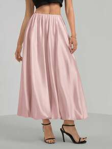 SHEIN Tall Chân váy xếp ly dáng chữ A đơn giản bằng vải satin màu be dành cho nữ. - Hồng - Xem 6