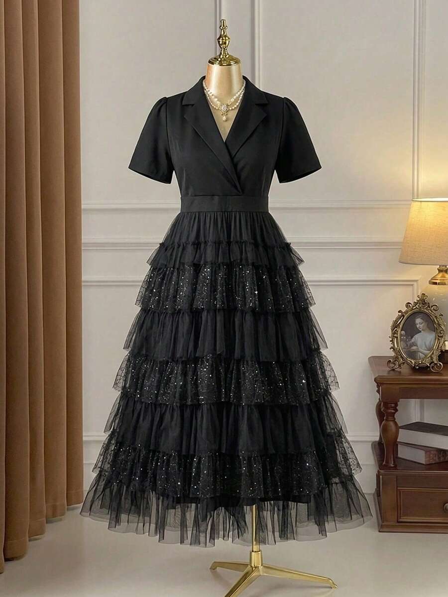 GlowEve CURVE 优雅的蛋糕造型闪亮薄纱连衣裙，适合婚礼、派对、下午茶、活动和正式场合。 - 黑色 - 查看 1