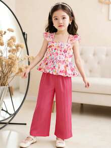 SHEIN Vintaside Kids 两件套少女甜美公主风碎花吊带背心和阔腿裤套装，肩带/下摆双层蕾丝花边，面料柔软舒适，适合日常穿着、派对、生日庆祝、露营、返校等场合。 - 玫紅色 - 查看 3