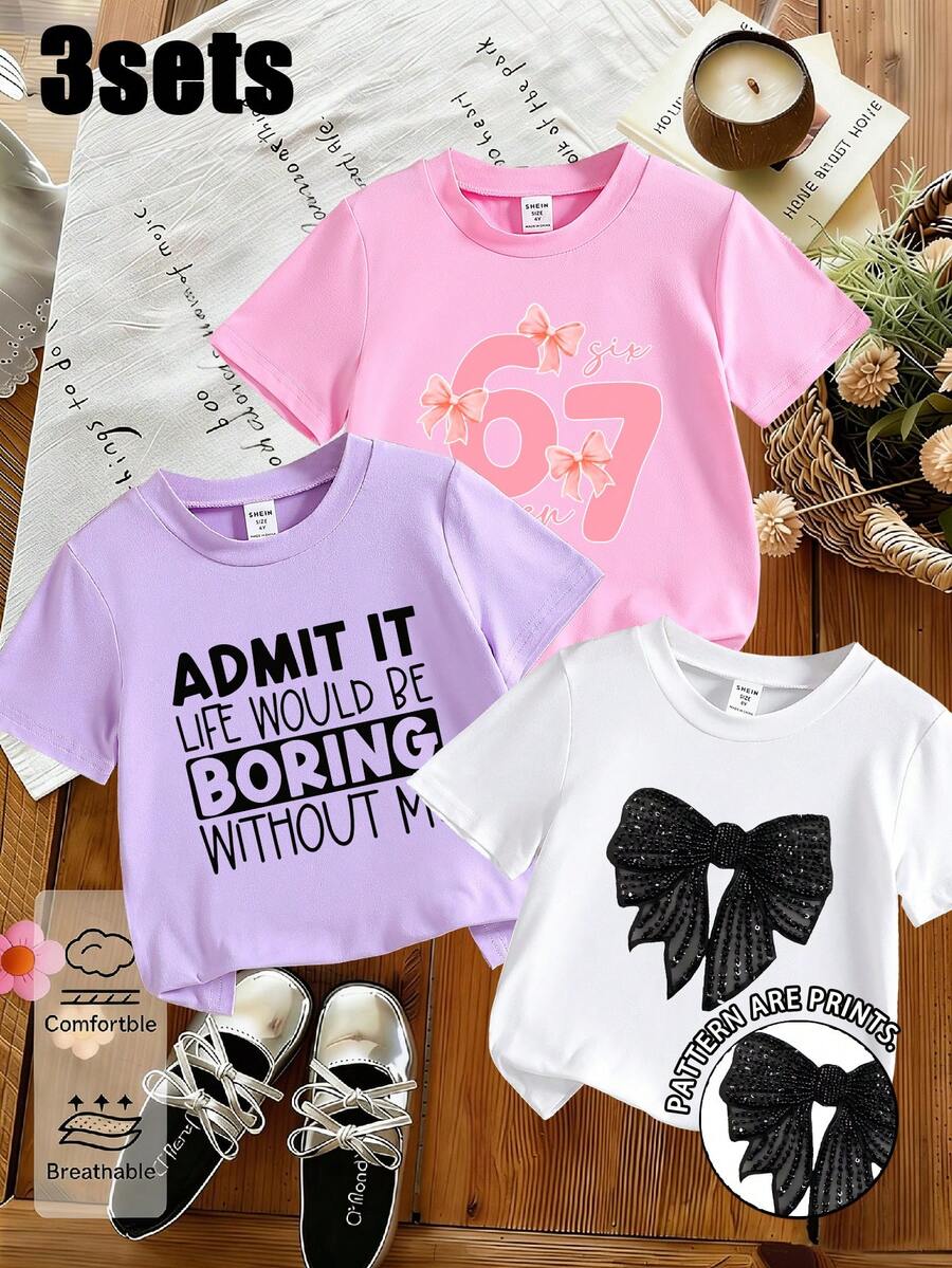 3pcs/Set Girls Casual Bow, Letter & Number 67 Print Round Neck Short Sleeve White, Pink, Purple T-Shirts, Fashionable & Cute Girls Summer Tops With Bow, Letter Elements - Pink - View 1