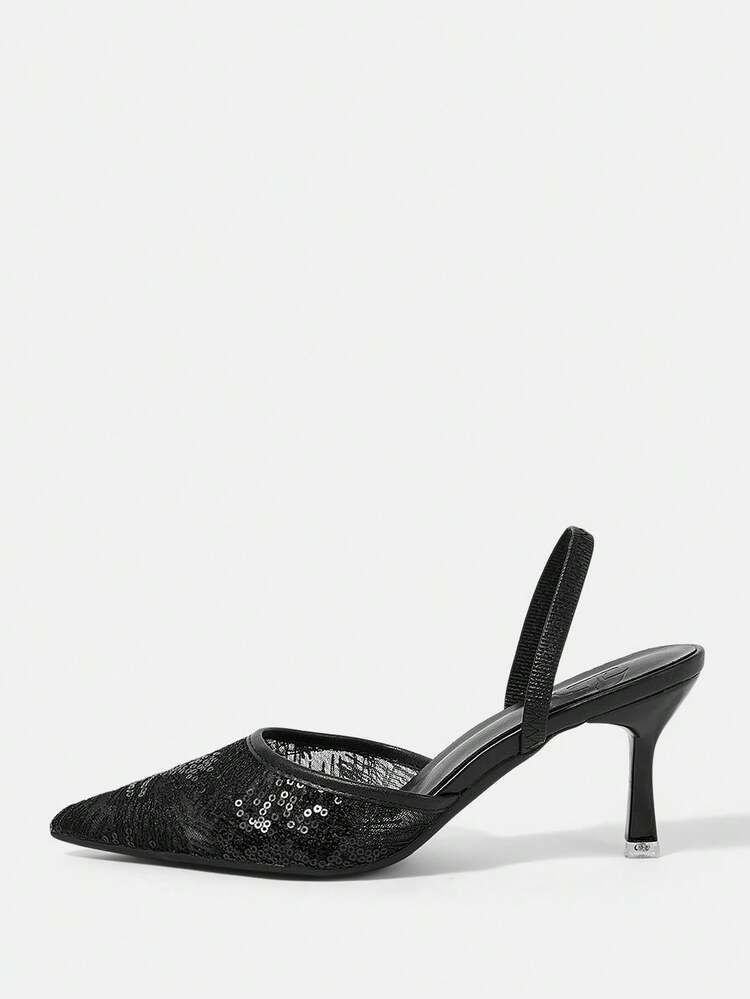 CUCCOO HITCHD Spring And Autumn New Product Black Thin Heel Pointed Mesh Sequins Fashion Women's High Heel Shoes