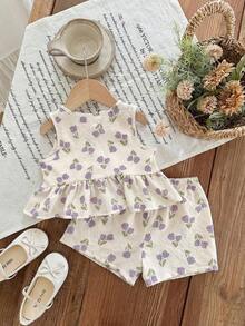 2件套女婴碎花编织休闲背心和裤子套装 - 彩色 - 查看 2