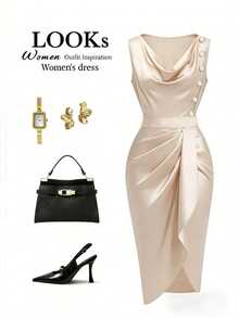 Rafferiza Women's Champagne Gold Satin Sleeveless Dress,Elegant Summer Semi Formal Swing Collar Metal Buckle Asymmetrical Hem Pleats Wedding Guest Party Gown - Apricot - View 3