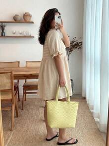 Enliva 大码女式宽松短袖休闲棉质连衣裙，适合苹果型和圆润身材，夏季穿着 - 杏色 - 查看 3