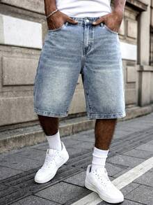 Manfinity EMRG Men's Street Fashion Casual Printed Shadow Blue Denim Shorts - Medium Wash - View 5