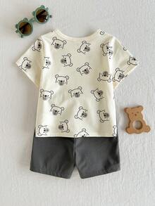 Cozy Pixies 2pcs Baby Boy Truck Pattern Knit Soft Round Neck Short Sleeve Pullover Top And Solid Color Elastic Waist Shorts Set - Multicolor - View 2