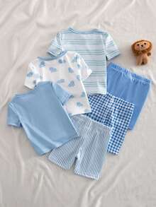 6 Stücke Baby Jungen Frühling/Sommer Gestrickt Rundhals Elefanten Muster Süße Tier Zoo Gestreift Retro Karomuster Blau Kurzarm T-Shirt und Shorts Lässig Outfit, Schlafanzug Hausanzug Set - Verschiedenfarbig - Übersicht 2