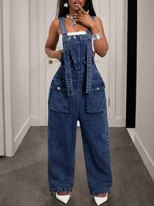 Slaydiva Women's Solid Color Minimalist Casual Denim Bib Pants And Jumpsuit - Dark Wash - View 2