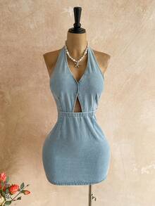 Soleia Women's V-Neck Hollow Out Design Fashion Halter Denim Dress,Women's Light Wash Denim Halter Dress  Cutout Bodycon Mini Summer Party Outfits,Women's Denim Halter Mini Dress Cutout Y2K Coquette Sexy Summer Style,Women's Elegant Denim Bodycon Dress Halter Neck Cutout Vacation Style,Women's Light Wash Denim Halter Mini Dress, Featuring A Deep V-Neck With Front Cutout, Halter Neckline With Back Button Closure,  Back Zipper Closure, Ideal For Summer Parties, Date Nights, Y2K Coquette & Beach Vacation Looks,HalterDress, CutoutDress, BodyconMini, LightWashDenim, SummerDress, Y2K, CoquetteStyle, SexyPartyOutfits - Blue - View 3