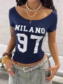 SHEIN HypeZone Áo thun nữ mùa hè trễ vai, mã số MILANO 97, áo crop top tay ngắn phong cách Punk Y2K, viền cuốn, khoét hở, màu xanh navy. - Màu xanh hải quân - Xem 4