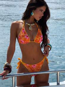 Swim Vcay Bộ bikini hai mảnh in hoa dành cho nữ, kiểu dáng yếm cổ, thời trang mùa hè. - Màu vàng - Xem 1