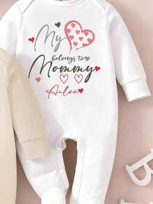2pcs/Set "Love Mommy" Print Long Sleeve Newborn Baby Footie Rompers, Soft & Comfortable Fabric, Cute & Lively Look, Embracing Feeling Like Mom - Multicolor - View 4