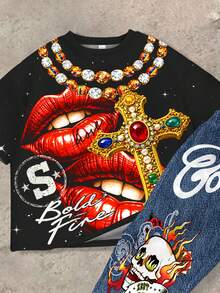 Tween Boy Letter & Lip Print Short Sleeve T-Shirt And Skull Print Casual Pants Set - Multicolor - View 5