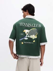SUMWON Áo thun nam dáng rộng cổ tròn in hình vợt tennis, tay ngắn, chất liệu cotton. - màu xanh lá - Xem 2