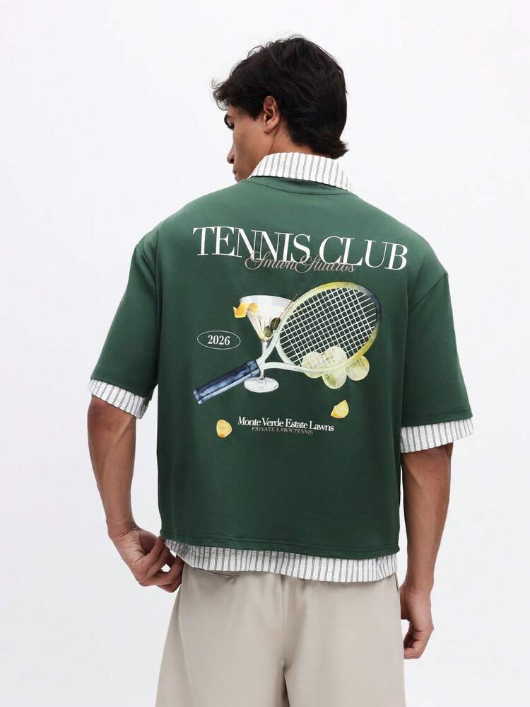 Men's Boxy Fit Crew Neck Tennis Club Graphic Tee With Racquet Print Short Sleeve Cotton T-Shirt