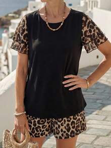 EMERY ROSE Summer Tops Leopard Print/Cheetah Print Patchwork Pleated Sleeve Women's Boho T-Shirt - Black - View 3