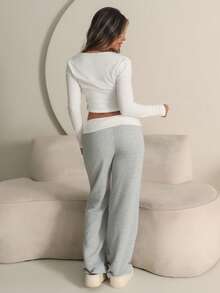 Rayane Ketlyn Women's Winter Streetwear Going Out Casual Back To School Vintage Daily Wear Y2K Rib Knit White Turn-Down Trousers French Grey Flare Pants - Grey - View 4