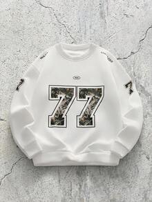 EVRINFINITE 男士时尚街头数字和植物印花圆领卫衣和运动裤套装，秋季服装，足球球衣连帽衫 - 黑與白 - 查看 3