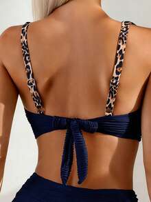 Swim Lushoire Bộ 2 món bikini nữ đi biển, chất liệu vải dệt họa tiết vỏ sò kim loại, họa tiết da báo gợi cảm, cổ chữ V. - Màu xanh hải quân - Xem 6