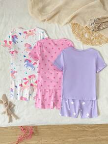 6pcs Tight Fit Pajama Set For Kids Girls,Pink,Summer,Fairy,Family Matching,Short Sleeve Shorts,Unicorn,Rabbit,Heart Graphic Loungewear,Snug Fit - Multicolor - View 3