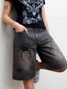 Ananda Vibes Ladies" Distressed Spider Letter Print Casual Denim Shorts For Spring And Summer, School - Black - View 5