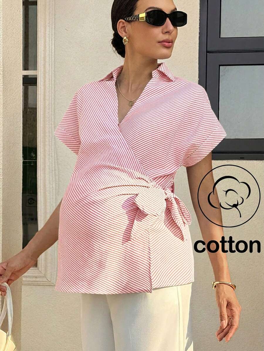 MaterniWear 孕妇条纹打结休闲百搭日常衬衫 - 淺粉色 - 查看 1