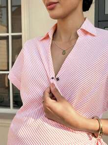MaterniWear 孕妇条纹打结休闲百搭日常衬衫 - 淺粉色 - 查看 6